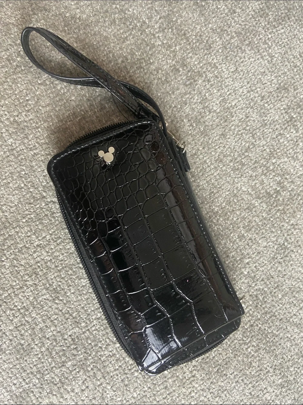 Patent Croc-Embossed Wristlet Phone Case with Wrist Strap - Black